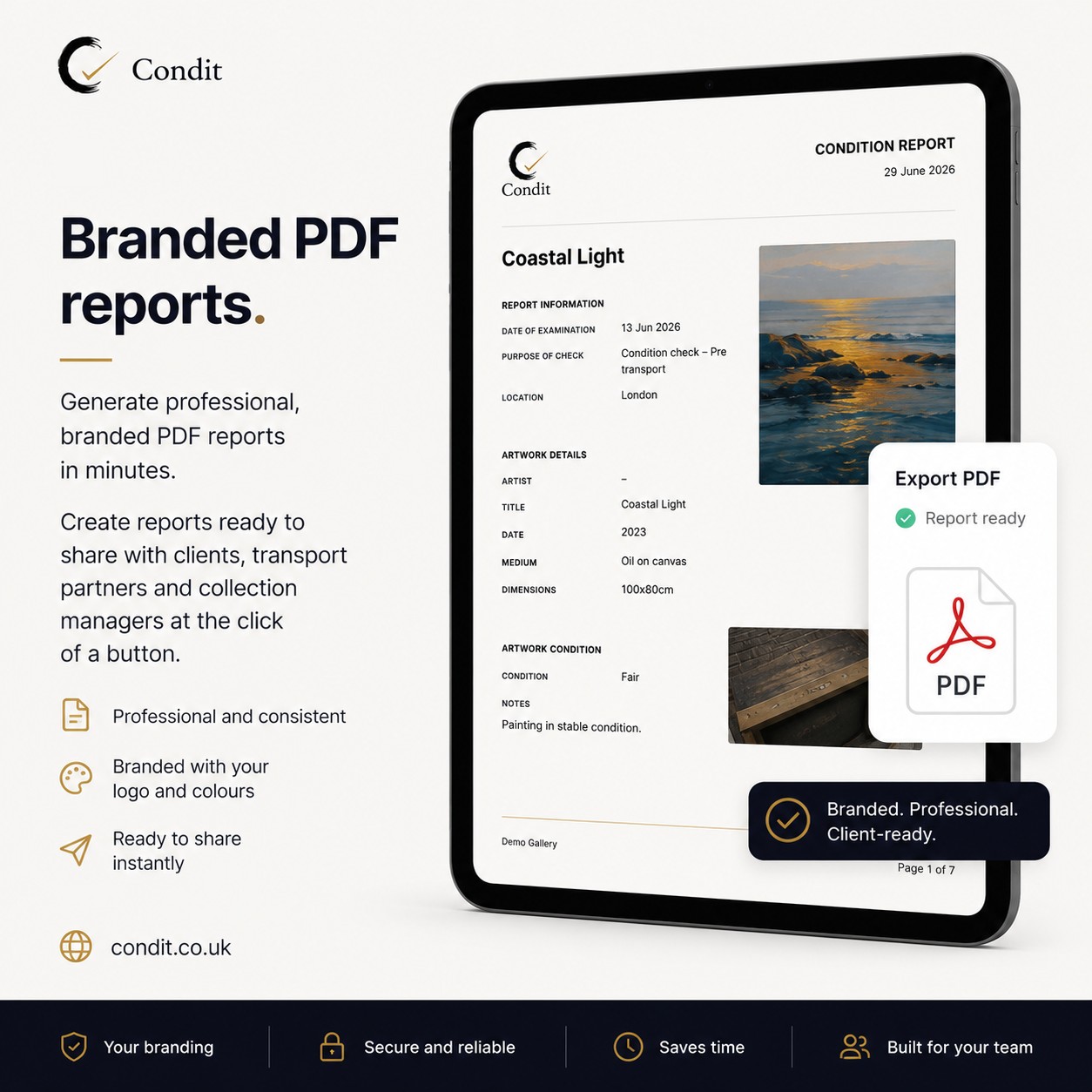 A tablet showing a finished branded Condit condition report, ready to export as a PDF