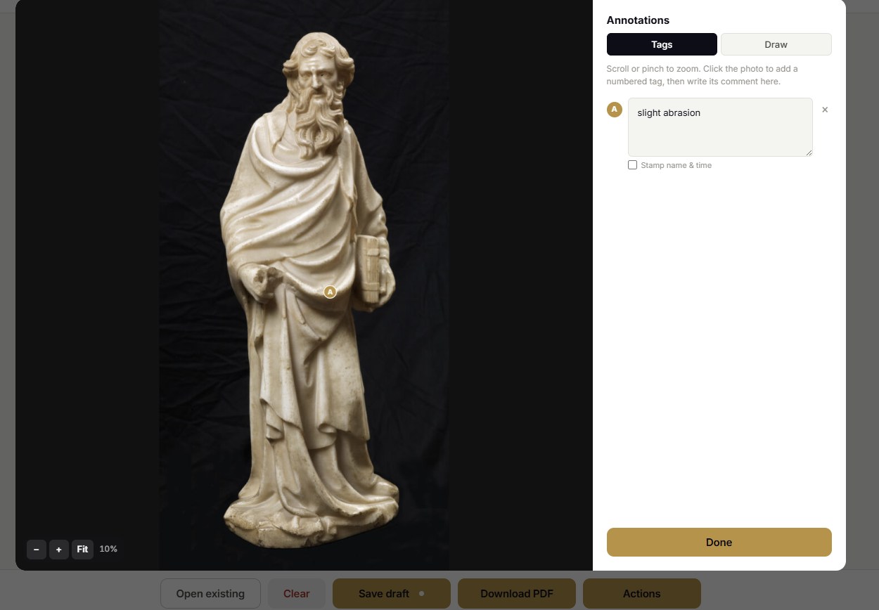 A marble sculpture shown whole in the Condit annotator at 10% zoom, with a single numbered tag placed on the figure