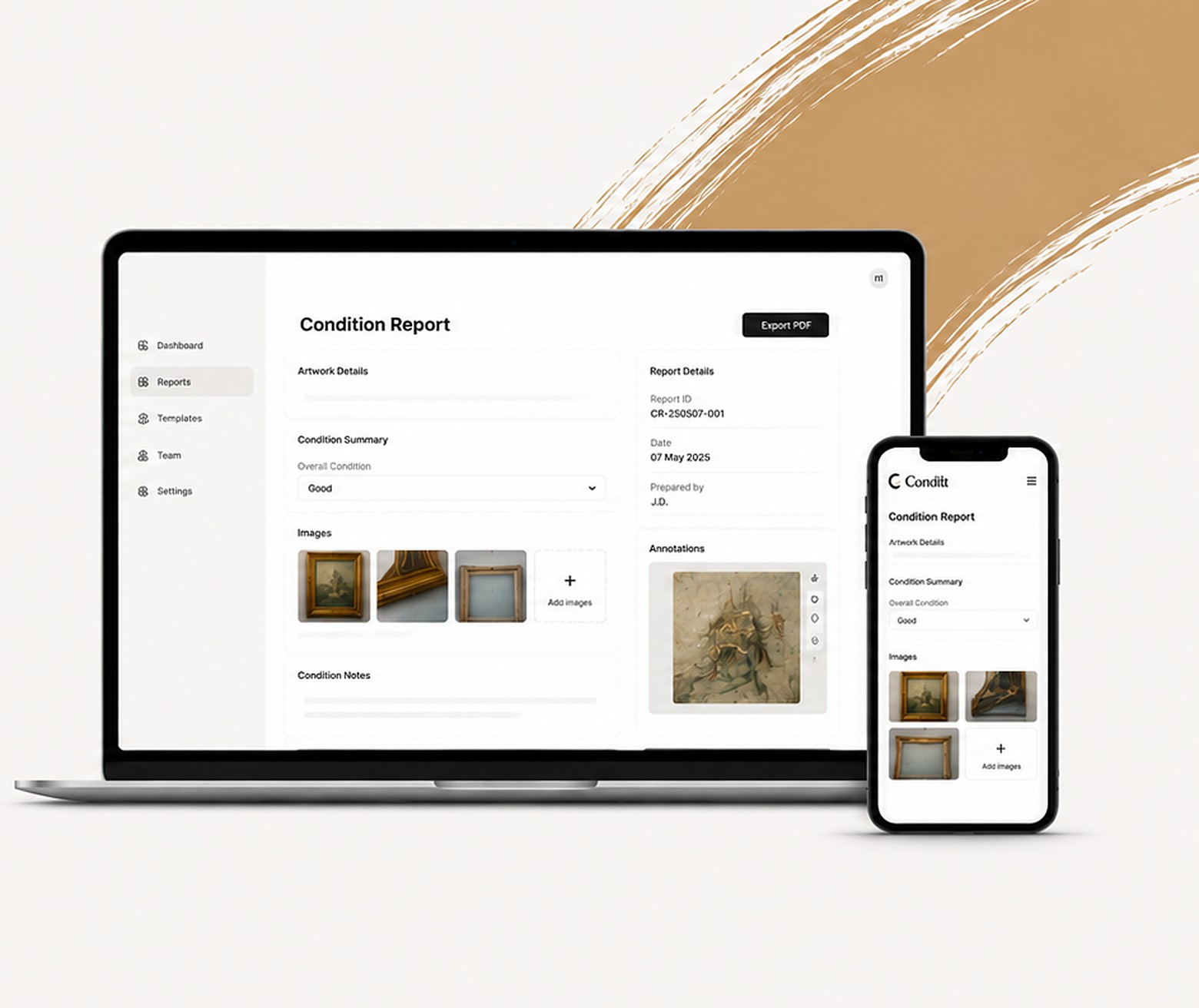 The Condit report editor open on a laptop and phone, showing artwork photographs and annotations