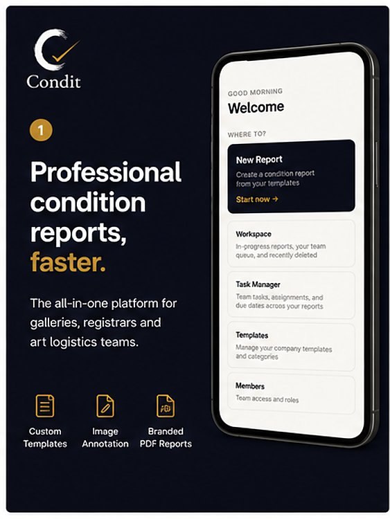 Professional condition reports, faster. The all-in-one platform for galleries, registrars and art logistics teams.