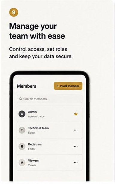 Manage your team with ease. Control access, set roles and keep your data secure.